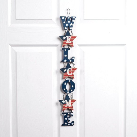 WELCOME Patriotic Door Hanger Wood Letters Star Americana Burlap Holiday NEW - Picture 2 of 2